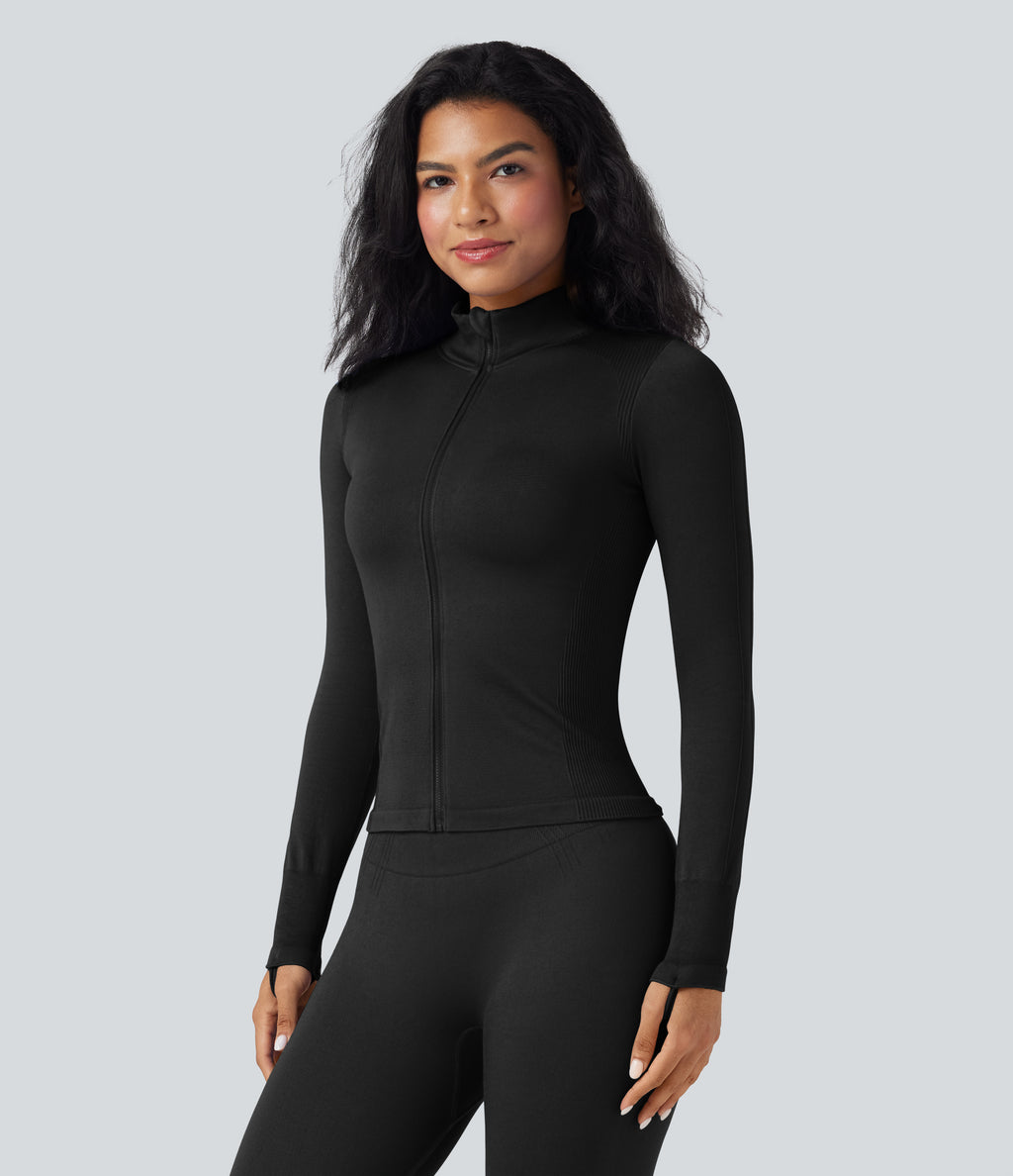 OneForm Seamless Flow Stand Collar Long Sleeve Thumb Hole Yoga Jacket — Black — view 4