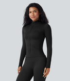 OneForm Seamless Flow Stand Collar Long Sleeve Thumb Hole Yoga Jacket — Black — view 4