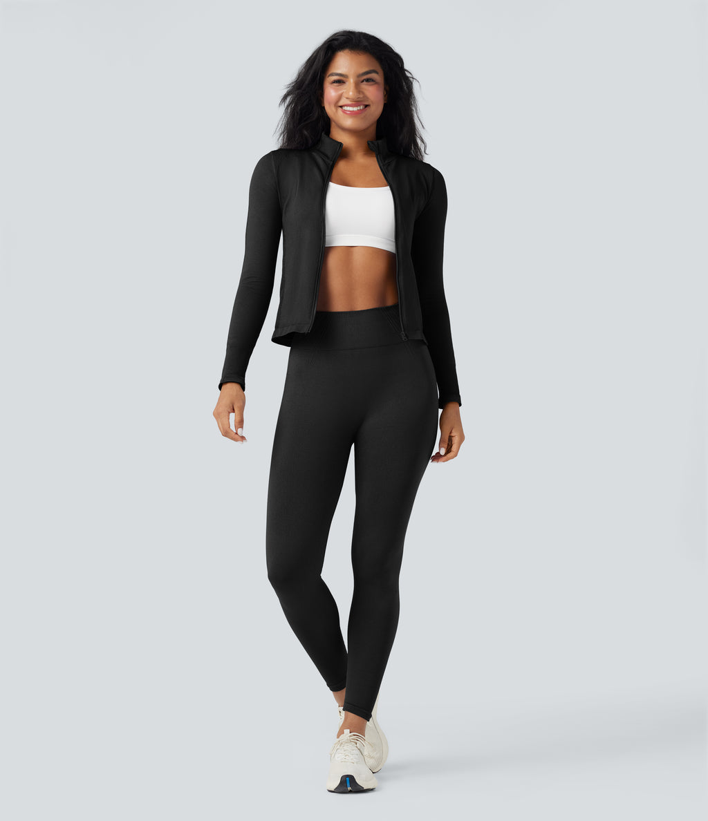 OneForm Seamless Flow Stand Collar Long Sleeve Thumb Hole Yoga Jacket — Black — view 8