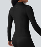 OneForm Seamless Flow Stand Collar Long Sleeve Thumb Hole Yoga Jacket — Black — view 7