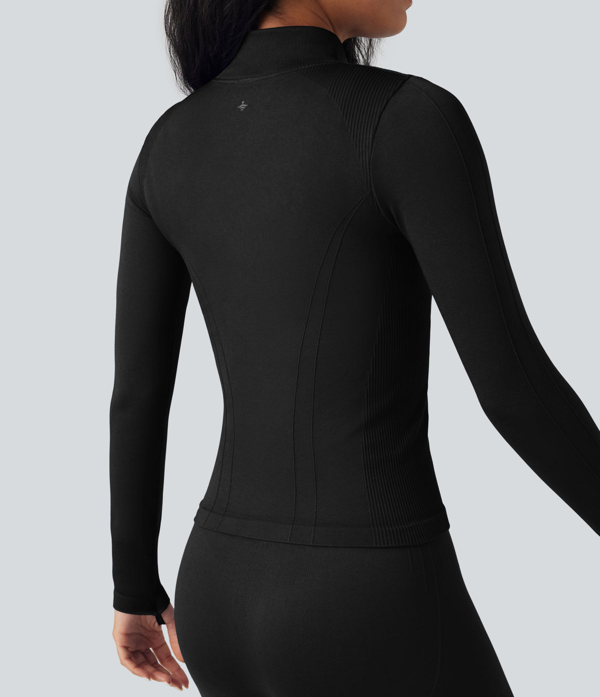 OneForm Seamless Flow Stand Collar Long Sleeve Thumb Hole Yoga Jacket — Black — view 7