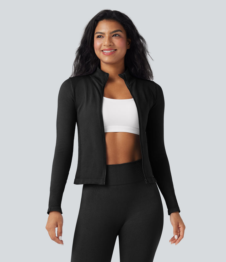 OneForm Seamless Flow Stand Collar Long Sleeve Thumb Hole Yoga Jacket — Black — view 1