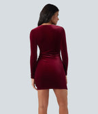 Deep V Neck Long Sleeve Ruched Velvet Mini Bodycon Dresses — Sangria — view 2