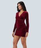 Deep V Neck Long Sleeve Ruched Velvet Mini Bodycon Dresses — Sangria — view 3