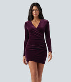 Deep V Neck Long Sleeve Ruched Velvet Mini Bodycon Dresses — Potent Purple — view 6