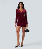 Deep V Neck Long Sleeve Ruched Velvet Mini Bodycon Dresses — Sangria — view 5