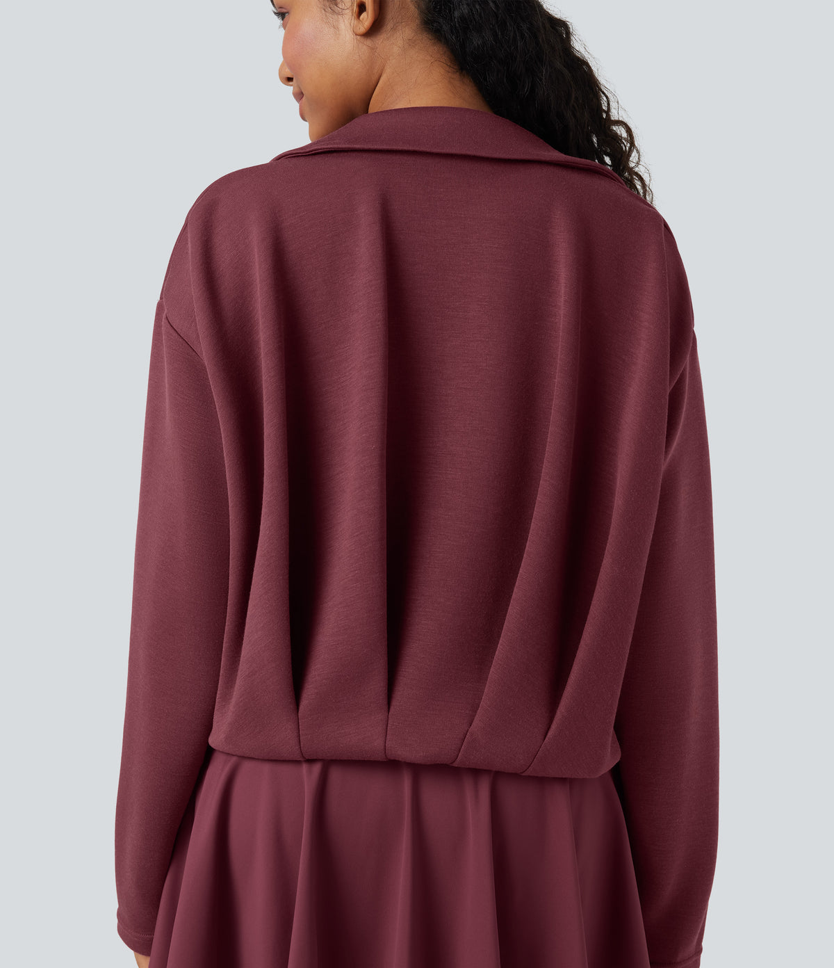 SpacerTek Collar Long Sleeve Pleated Zip Fly Casual Jacket — Oxblood Red — view 6