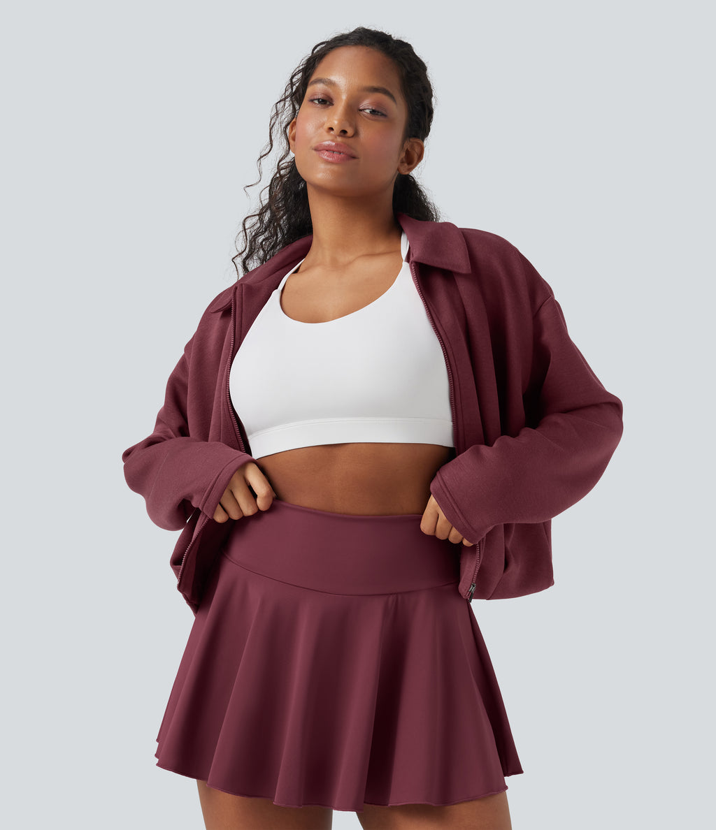 SpacerTek Collar Long Sleeve Pleated Zip Fly Casual Jacket — Oxblood Red — view 3
