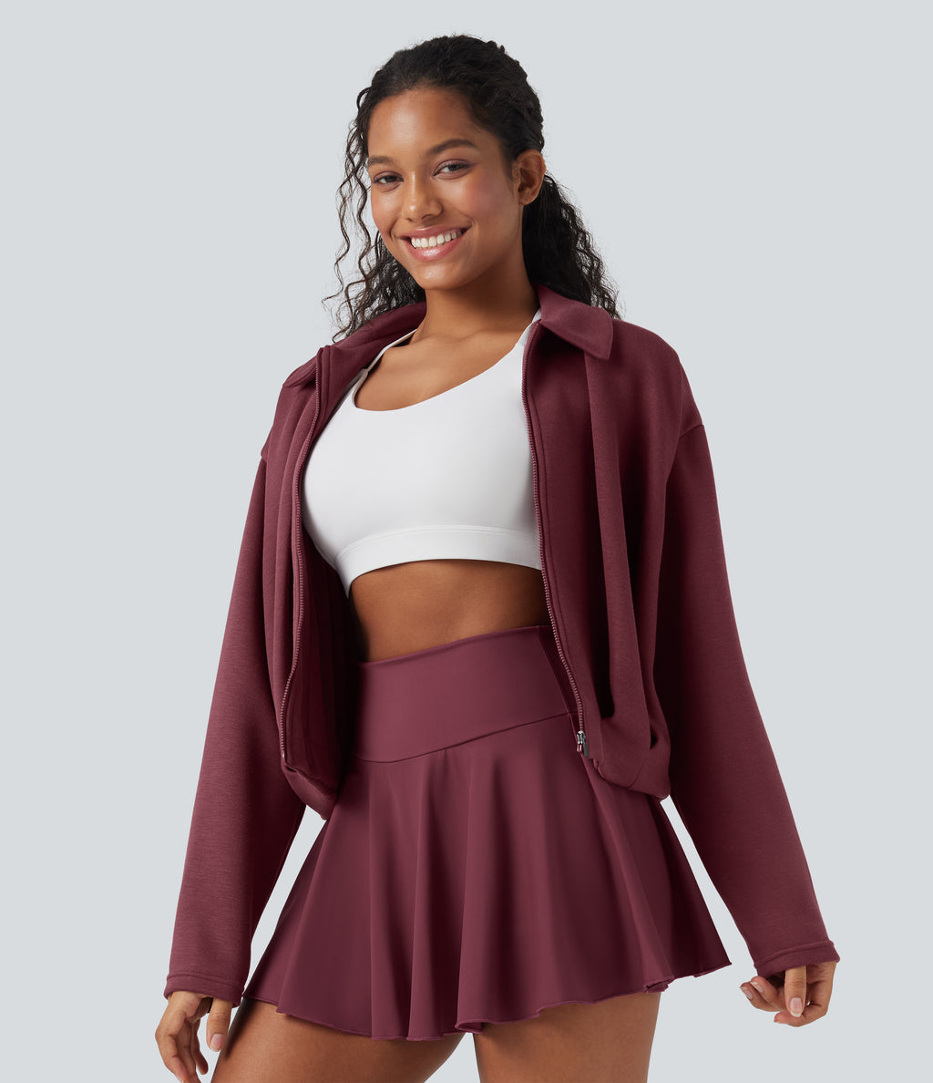 SpacerTek Collar Long Sleeve Pleated Zip Fly Casual Jacket — Oxblood Red — view 4