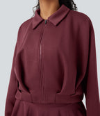SpacerTek Collar Long Sleeve Pleated Zip Fly Casual Jacket — Oxblood Red — view 5