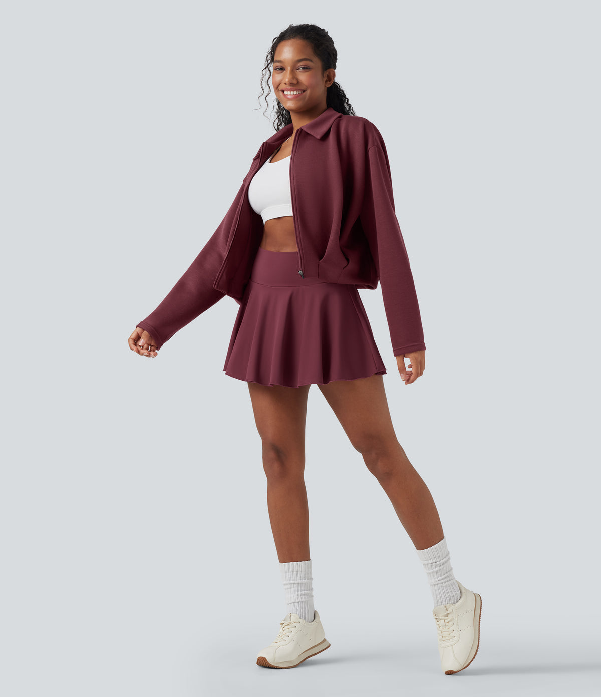 SpacerTek Collar Long Sleeve Pleated Zip Fly Casual Jacket — Oxblood Red — view 7