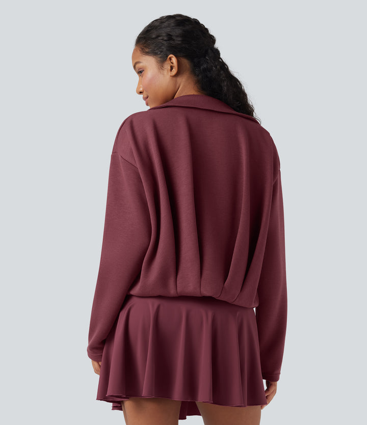 SpacerTek Collar Long Sleeve Pleated Zip Fly Casual Jacket — Oxblood Red — view 1