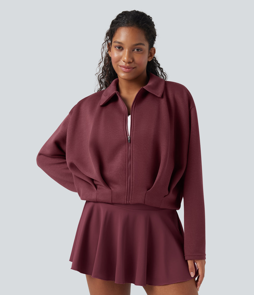 SpacerTek Collar Long Sleeve Pleated Zip Fly Casual Jacket — Oxblood Red — view 2