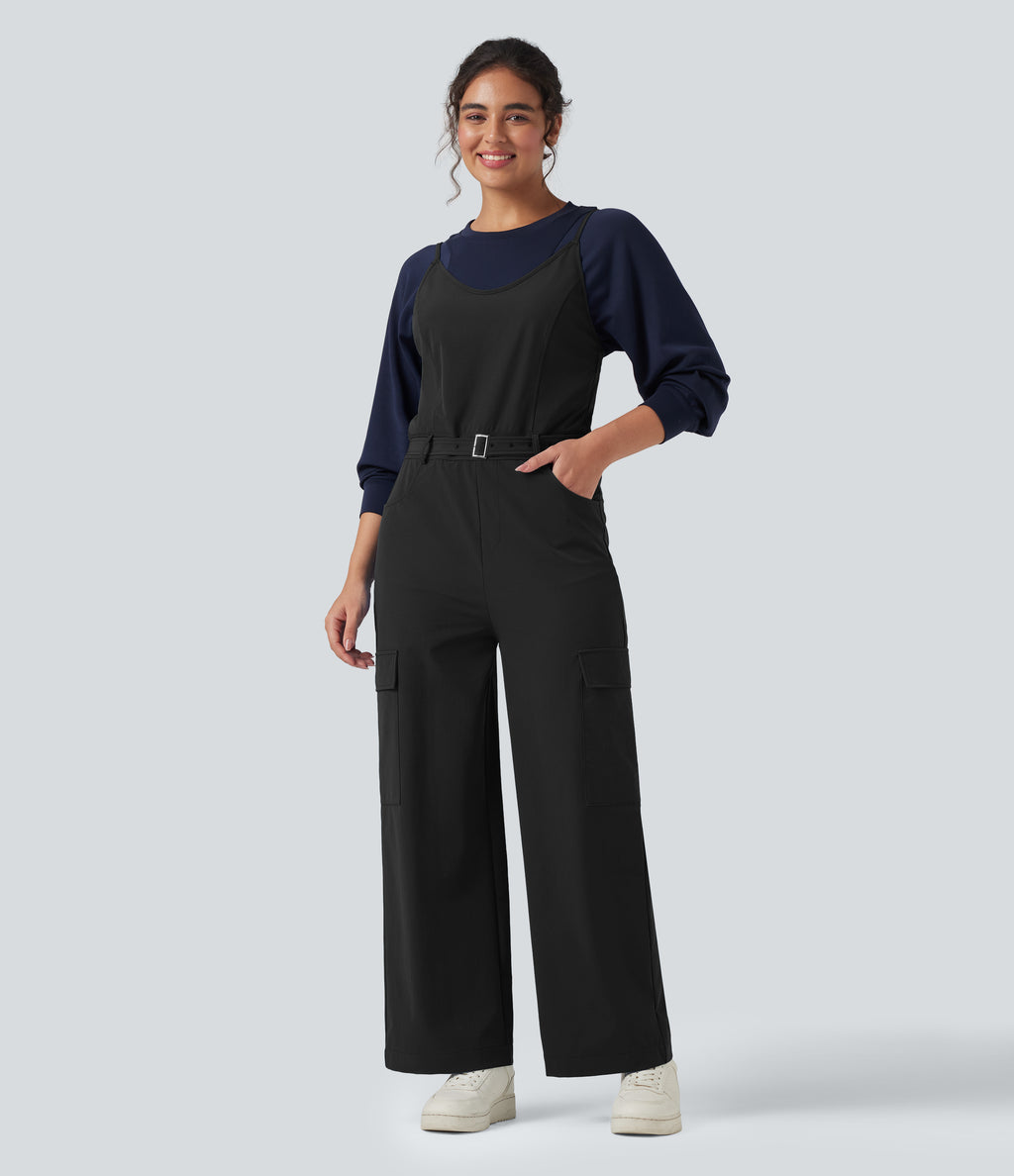 Belted Hiking Cargo Dungarees with Pockets — Black — view 1