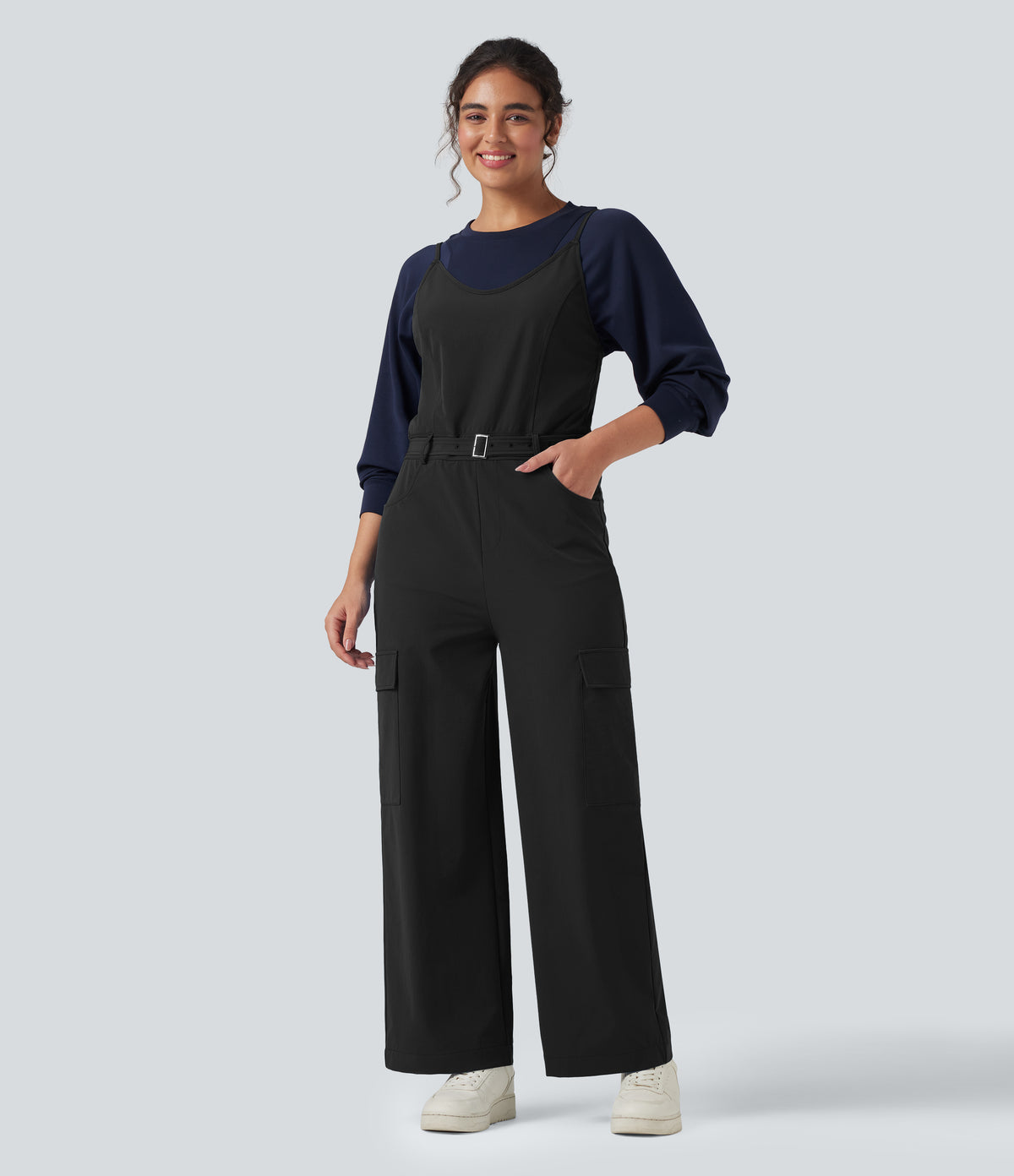 Belted Hiking Cargo Dungarees with Pockets — Black — view 1
