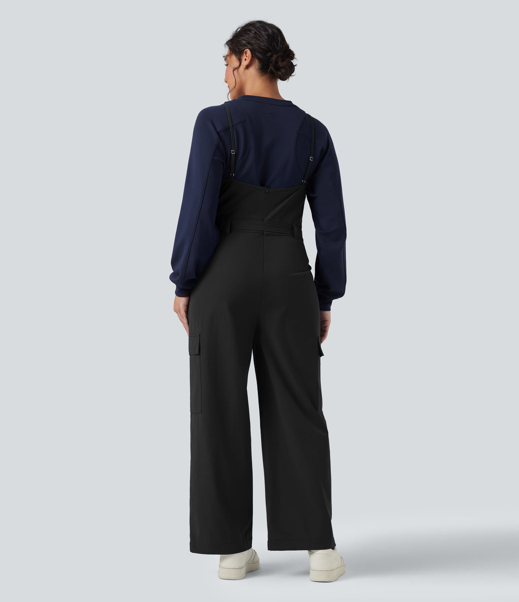 Belted Hiking Cargo Dungarees with Pockets — Black — view 2