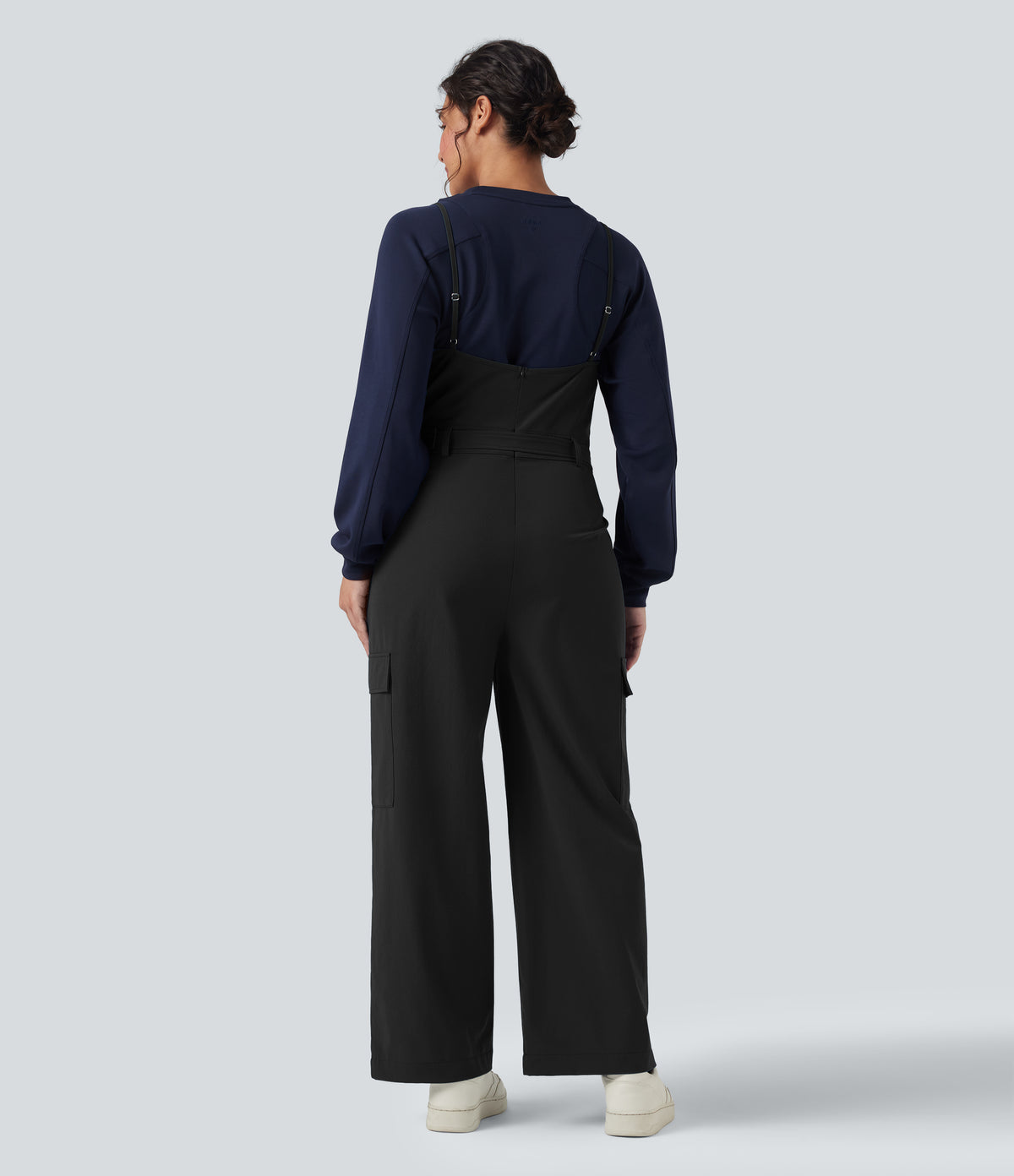 Belted Hiking Cargo Dungarees with Pockets — Black — view 2