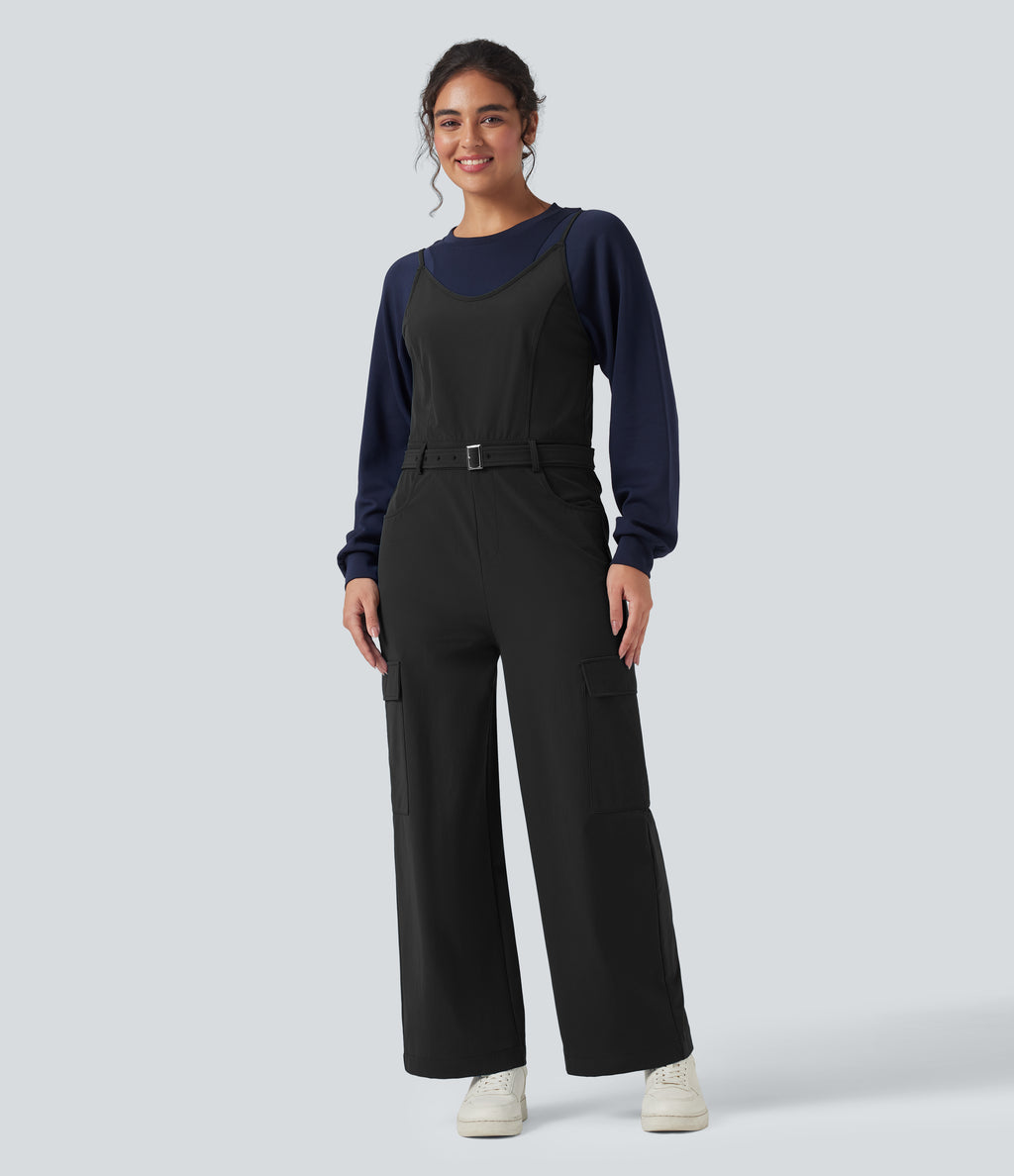 Belted Hiking Cargo Dungarees with Pockets — Black — view 7