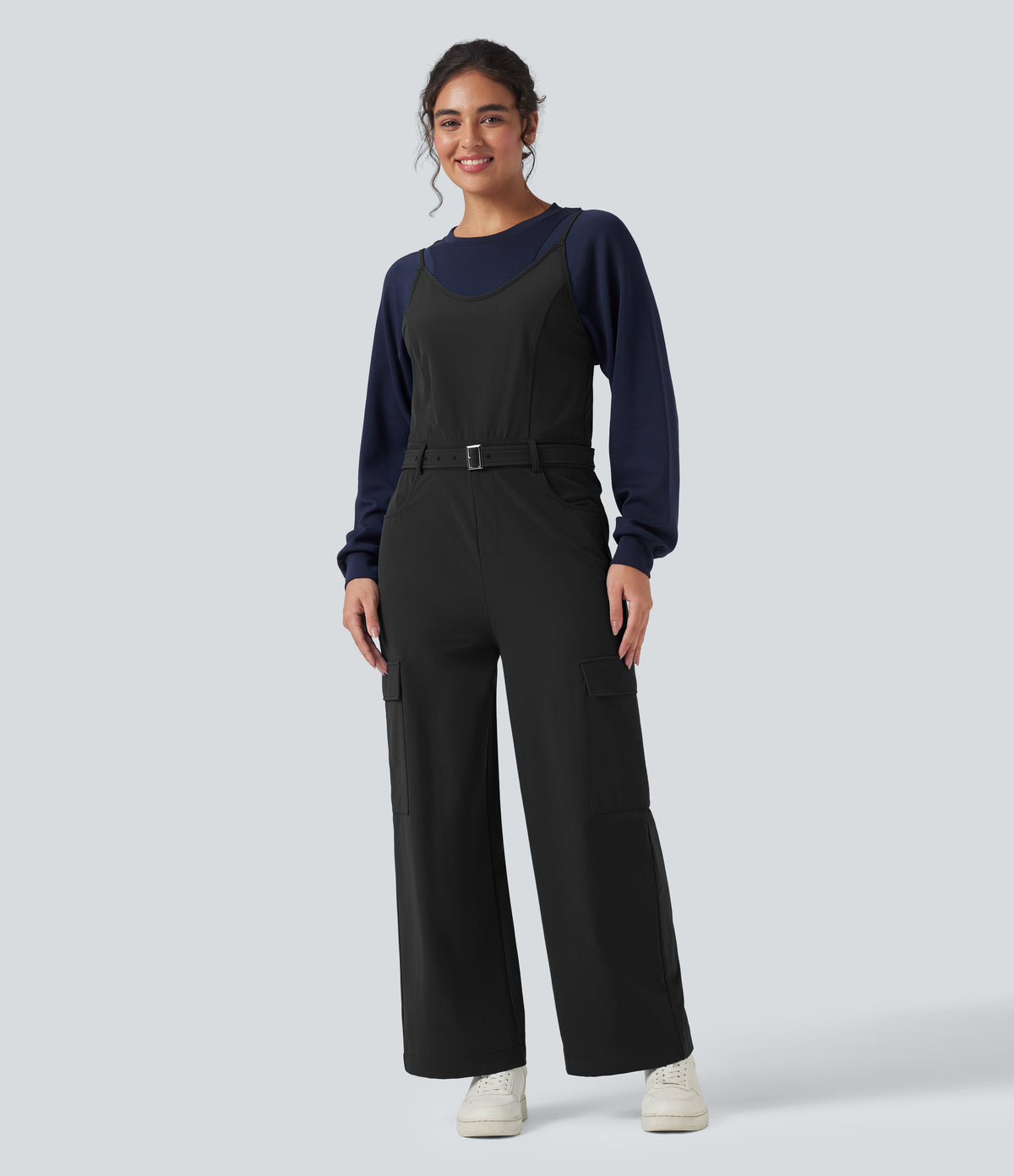 Belted Hiking Cargo Dungarees with Pockets — Black — view 7