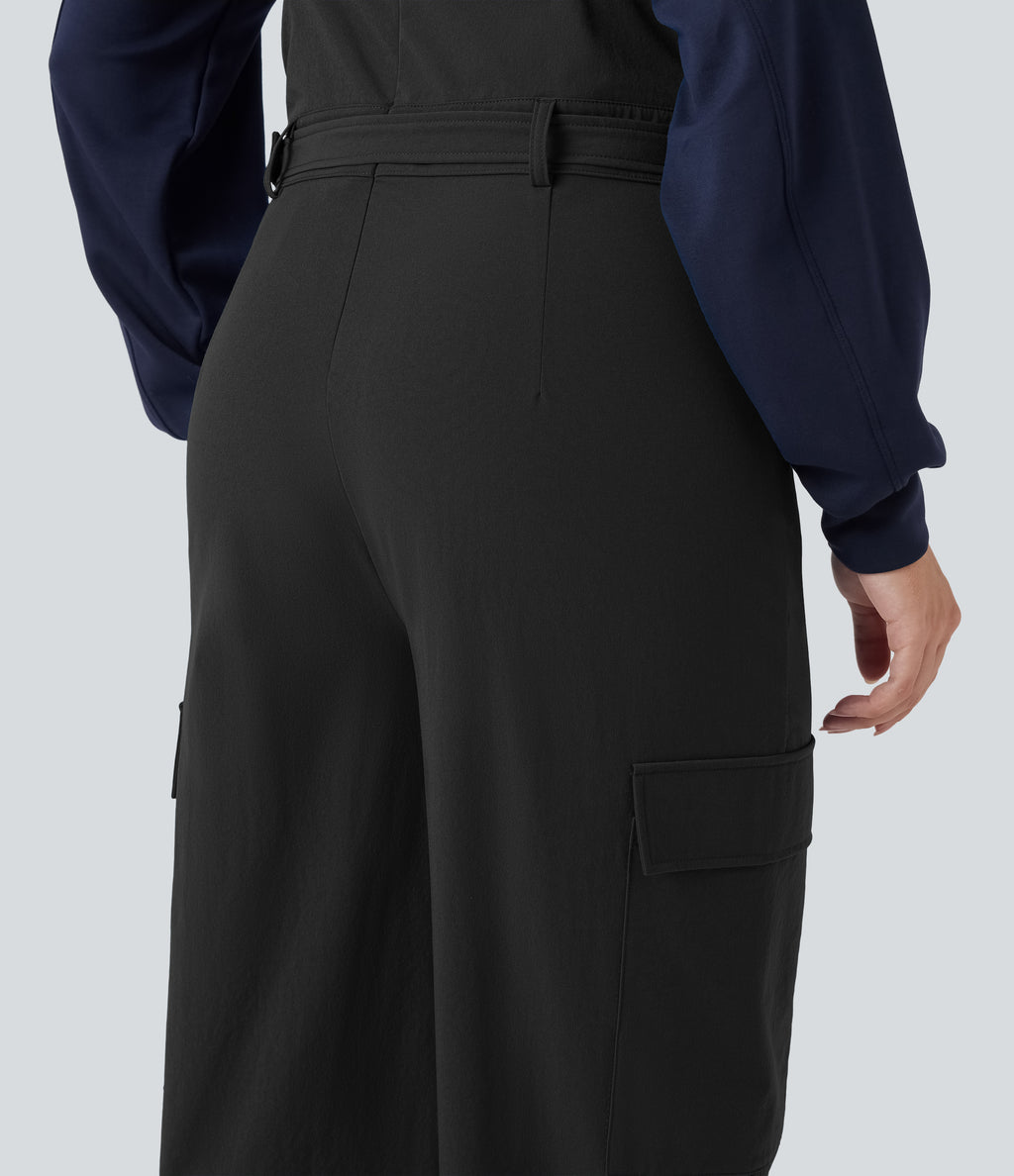 Belted Hiking Cargo Dungarees with Pockets — Black — view 5