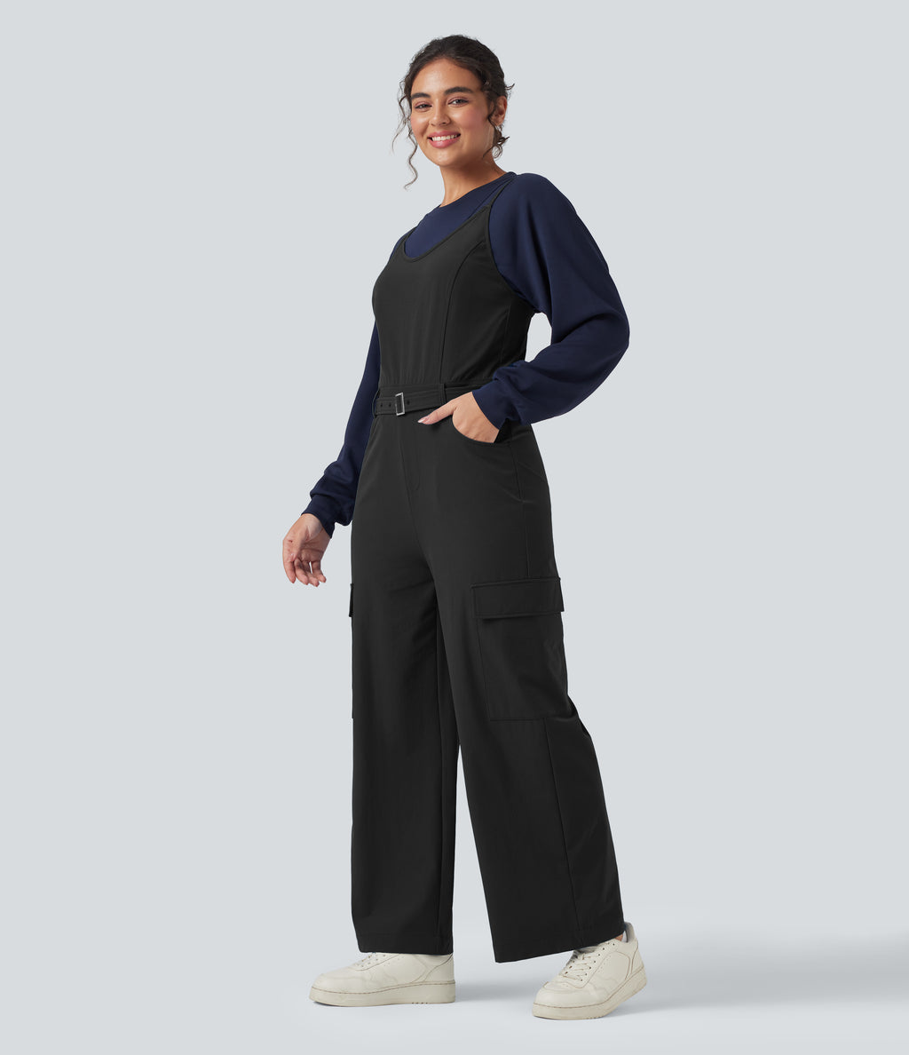 Belted Hiking Cargo Dungarees with Pockets — Black — view 3