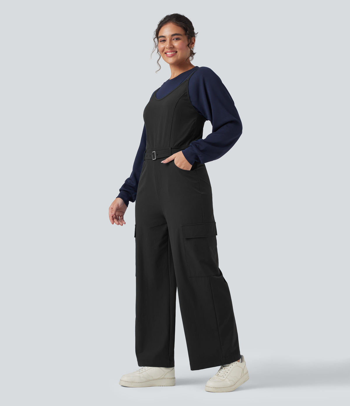 Belted Hiking Cargo Dungarees with Pockets — Black — view 3