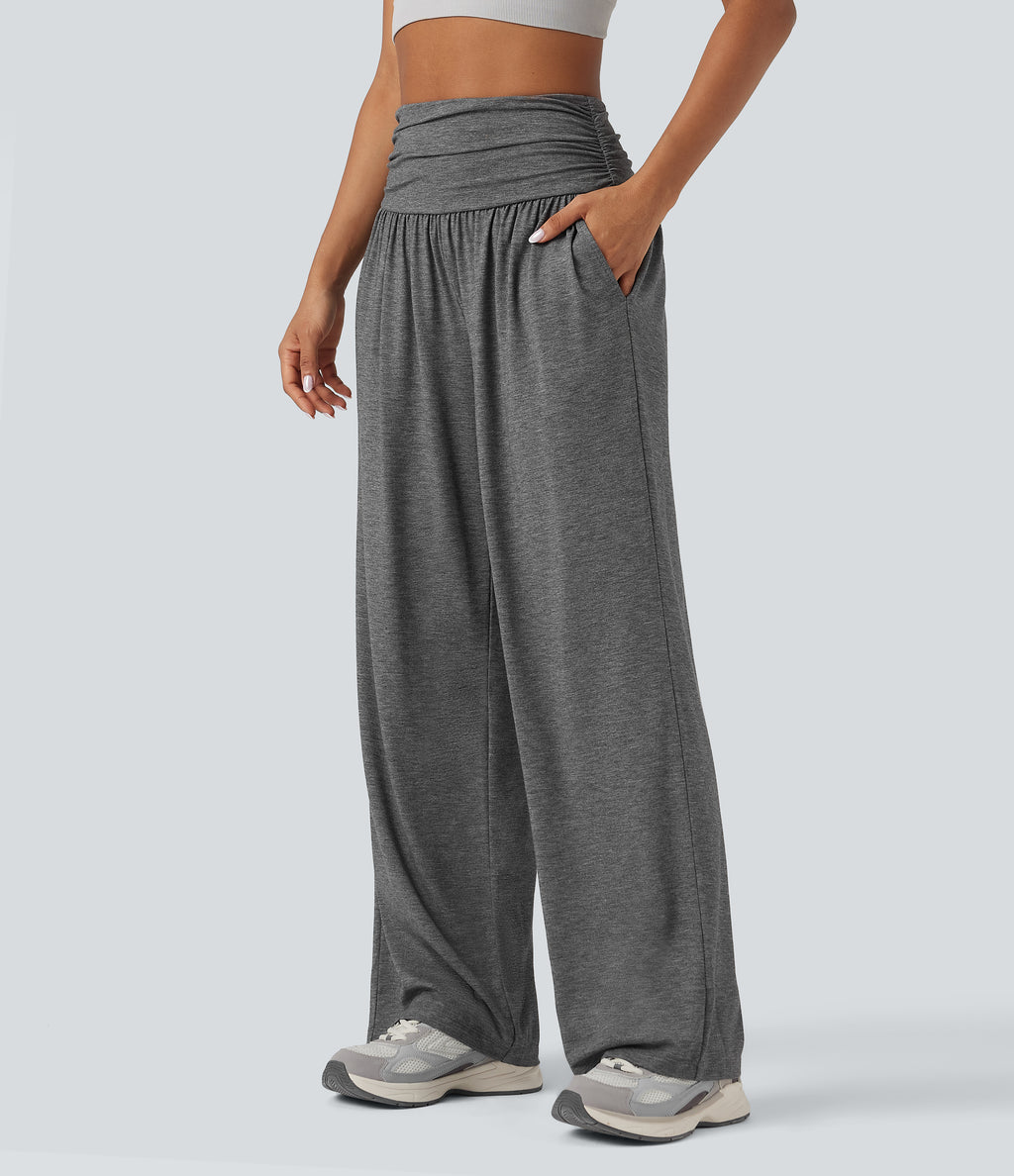 High Waisted Ruched Heathered Yoga Baggy Trousers with Pockets — Darl Gray Floral Yarn — view 1