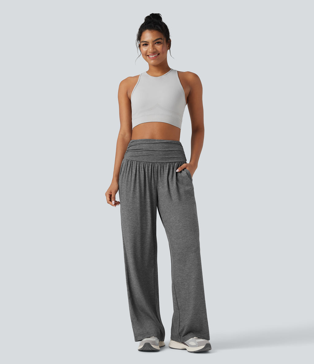 High Waisted Ruched Heathered Yoga Baggy Trousers with Pockets — Darl Gray Floral Yarn — view 6