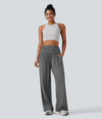 High Waisted Ruched Heathered Yoga Baggy Trousers with Pockets — Darl Gray Floral Yarn — view 6