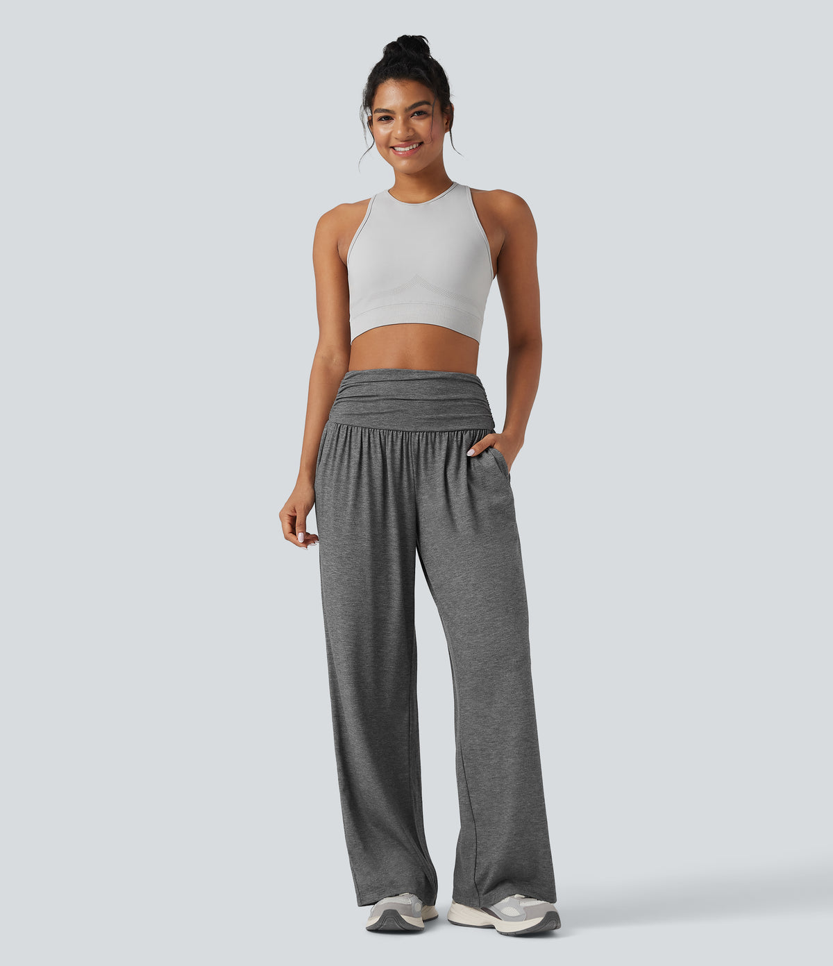 High Waisted Ruched Heathered Yoga Baggy Trousers with Pockets — Darl Gray Floral Yarn — view 6
