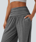 High Waisted Ruched Heathered Yoga Baggy Trousers with Pockets — Darl Gray Floral Yarn — view 4
