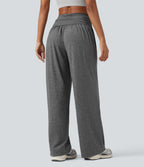 High Waisted Ruched Heathered Yoga Baggy Trousers with Pockets — Darl Gray Floral Yarn — view 2
