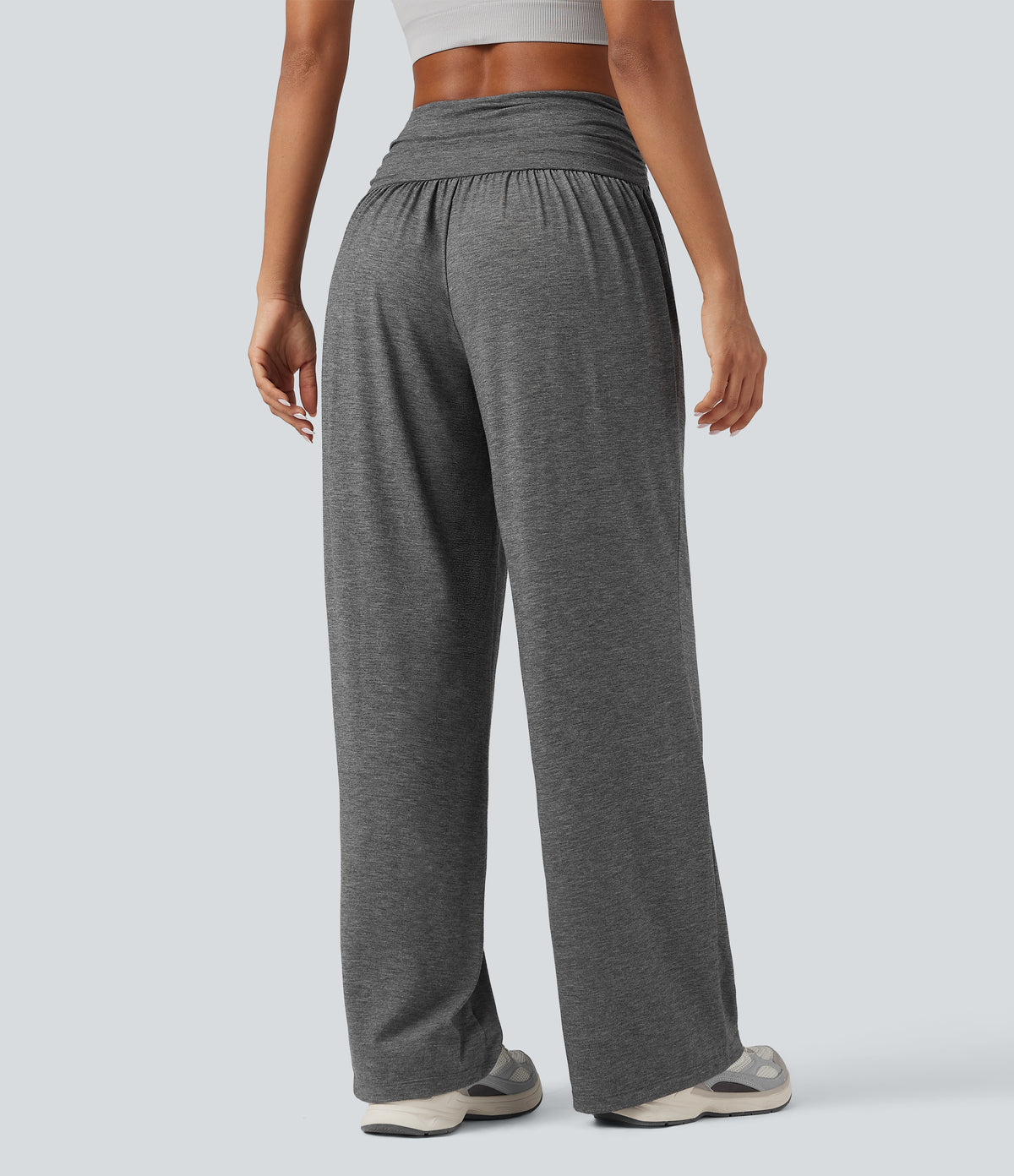 High Waisted Ruched Heathered Yoga Baggy Trousers with Pockets — Darl Gray Floral Yarn — view 2