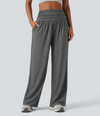 High Waisted Ruched Heathered Yoga Baggy Trousers with Pockets — Darl Gray Floral Yarn — view 3