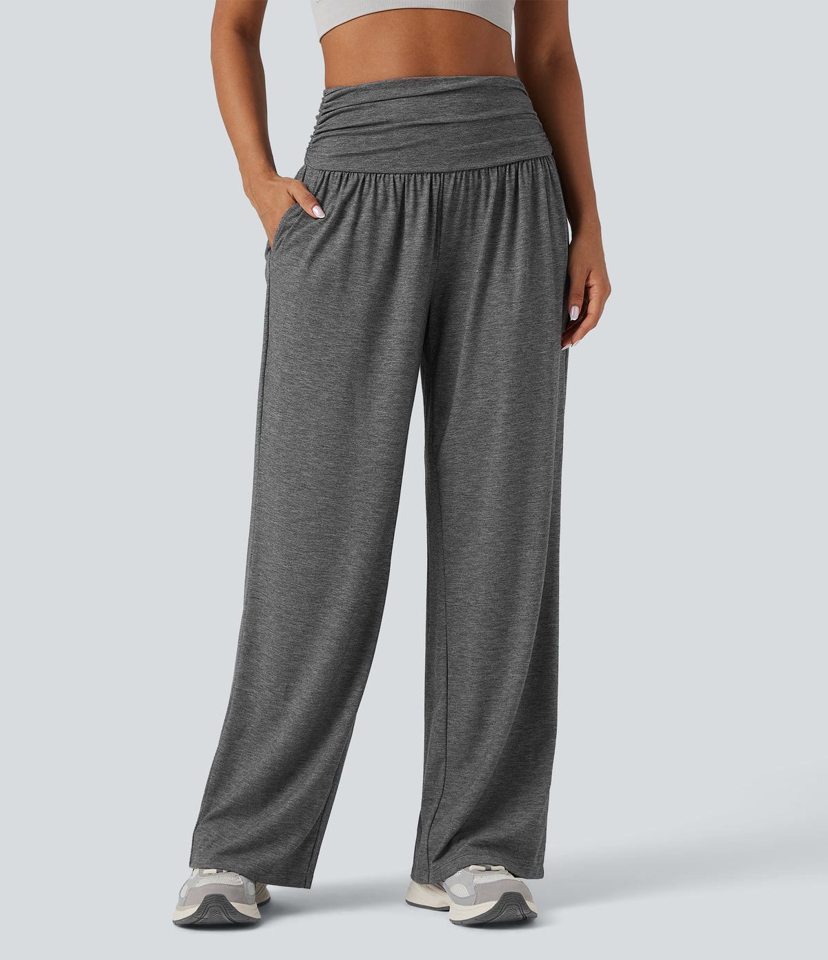 High Waisted Ruched Heathered Yoga Baggy Trousers with Pockets — Darl Gray Floral Yarn — view 3