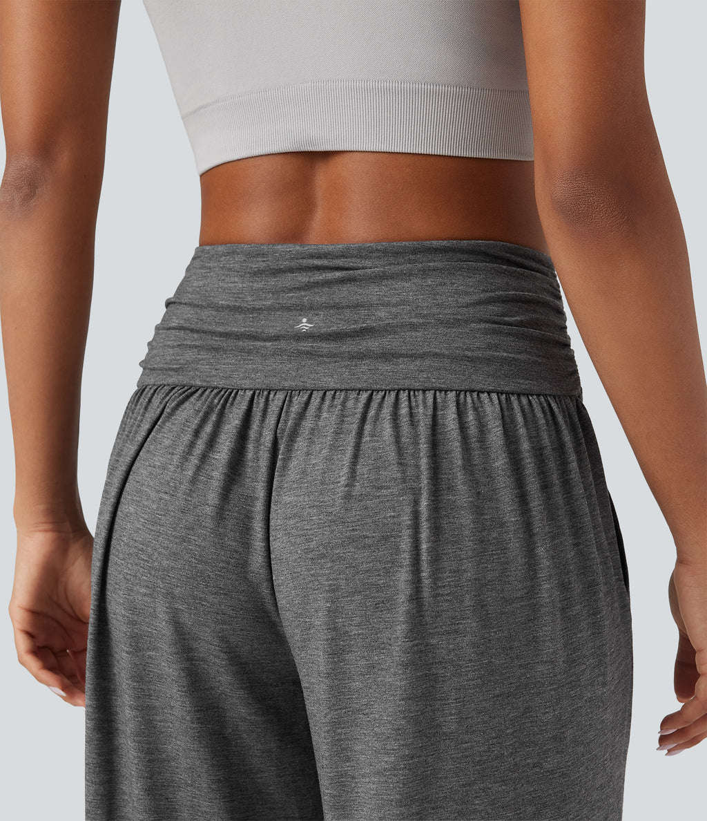 High Waisted Ruched Heathered Yoga Baggy Trousers with Pockets — Darl Gray Floral Yarn — view 5