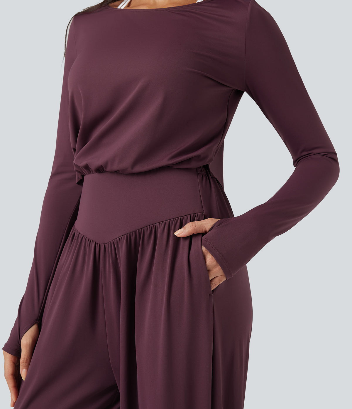 Airy Cut-out Back Long Sleeve Thumb Holes Yoga Jumpsuit with Pockets — Fig — view 8