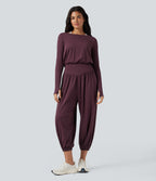 Airy Cut-out Back Long Sleeve Thumb Holes Yoga Jumpsuit with Pockets — Fig — view 2