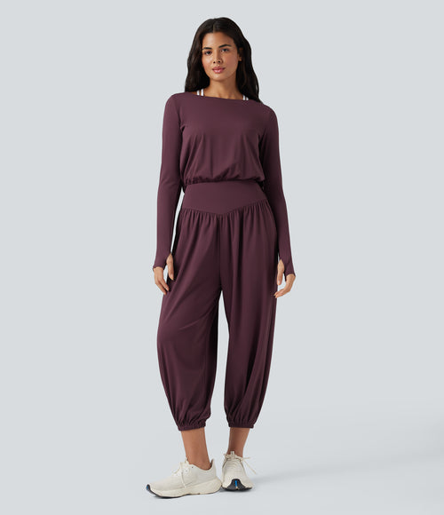 Airy Cut-out Back Long Sleeve Thumb Holes Yoga Jumpsuit with Pockets — Fig — view 2