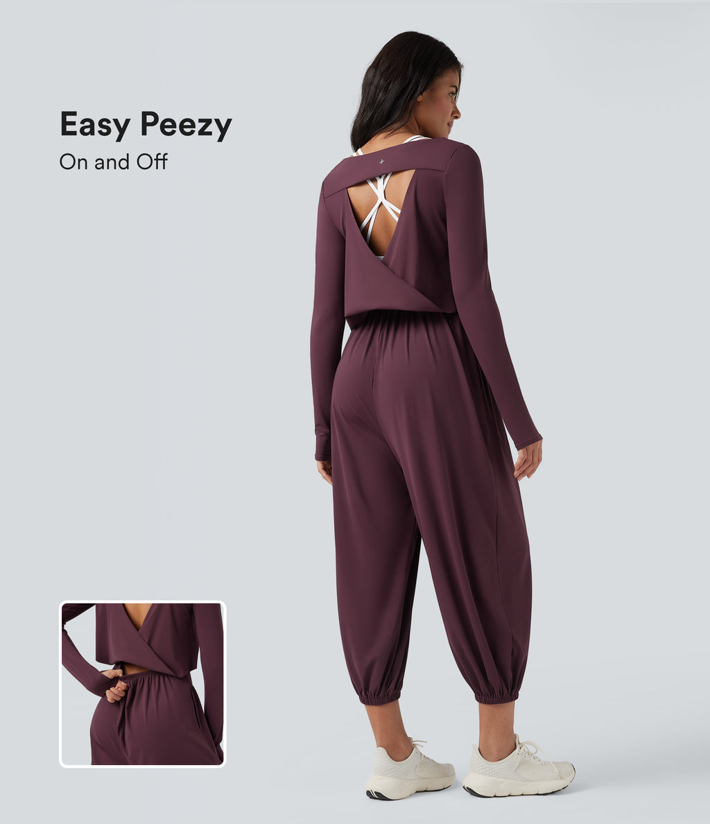 Airy Cut-out Back Long Sleeve Thumb Holes Yoga Jumpsuit with Pockets — Fig — view 1