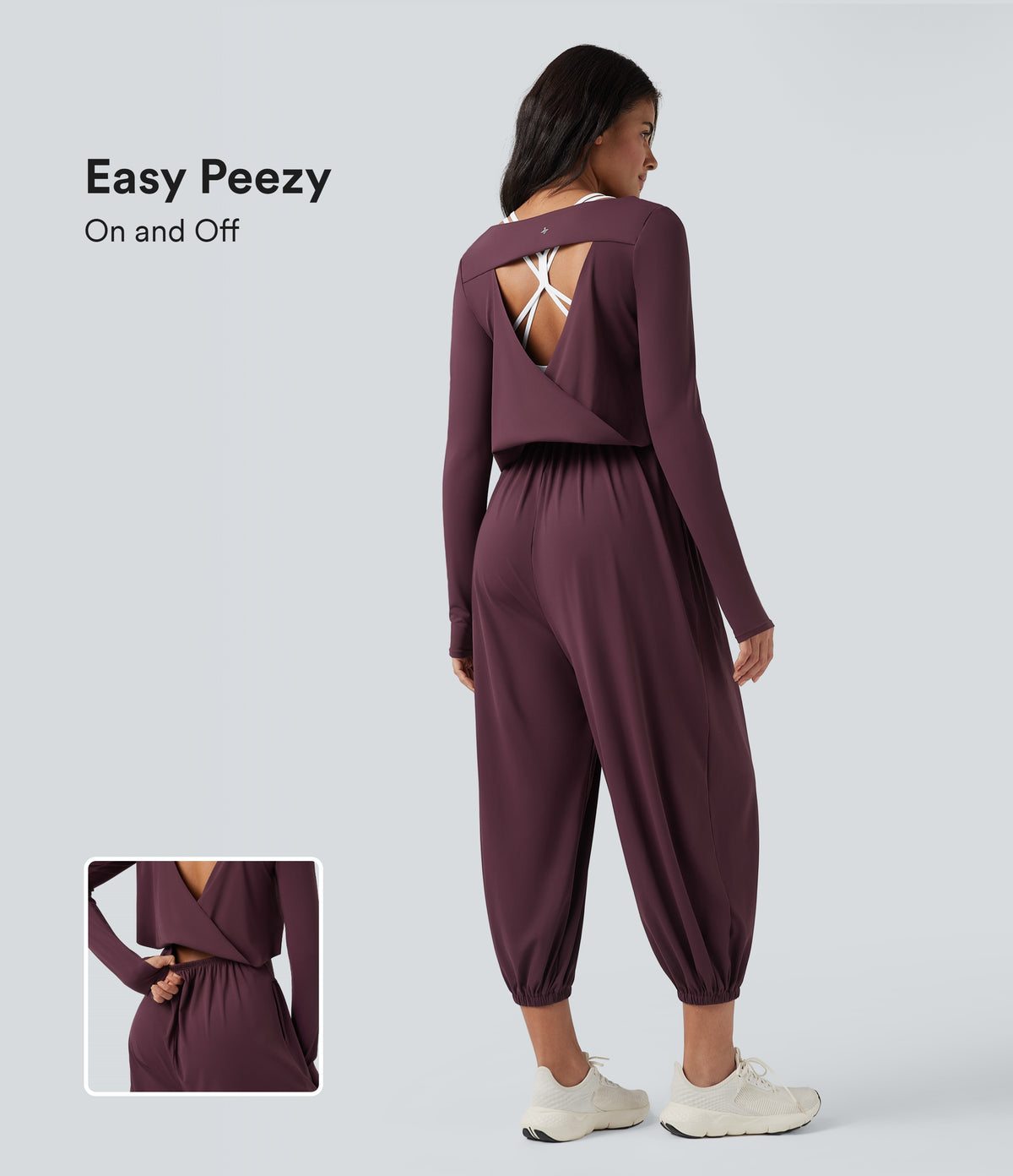 Airy Cut-out Back Long Sleeve Thumb Holes Yoga Jumpsuit with Pockets — Fig — view 1