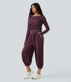 Airy Cut-out Back Long Sleeve Thumb Holes Yoga Jumpsuit with Pockets — Fig — view 3