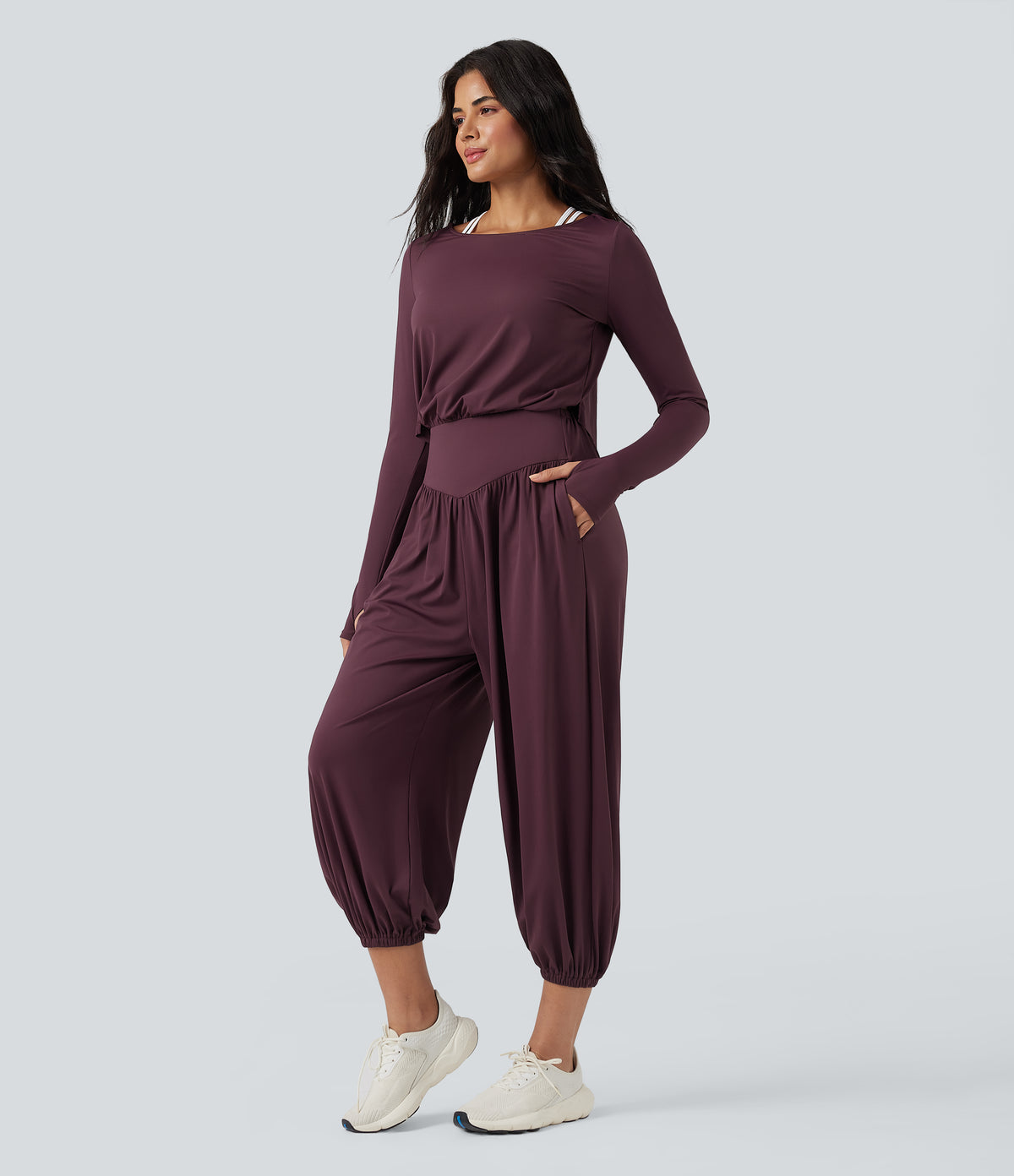 Airy Cut-out Back Long Sleeve Thumb Holes Yoga Jumpsuit with Pockets — Fig — view 3