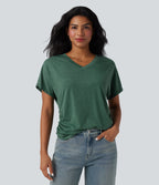 V-neck Short Sleeve Ruched Relaxed Casual Top — Emerald Floral Yarn — view 1
