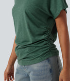 V-neck Short Sleeve Ruched Relaxed Casual Top — Emerald Floral Yarn — view 6