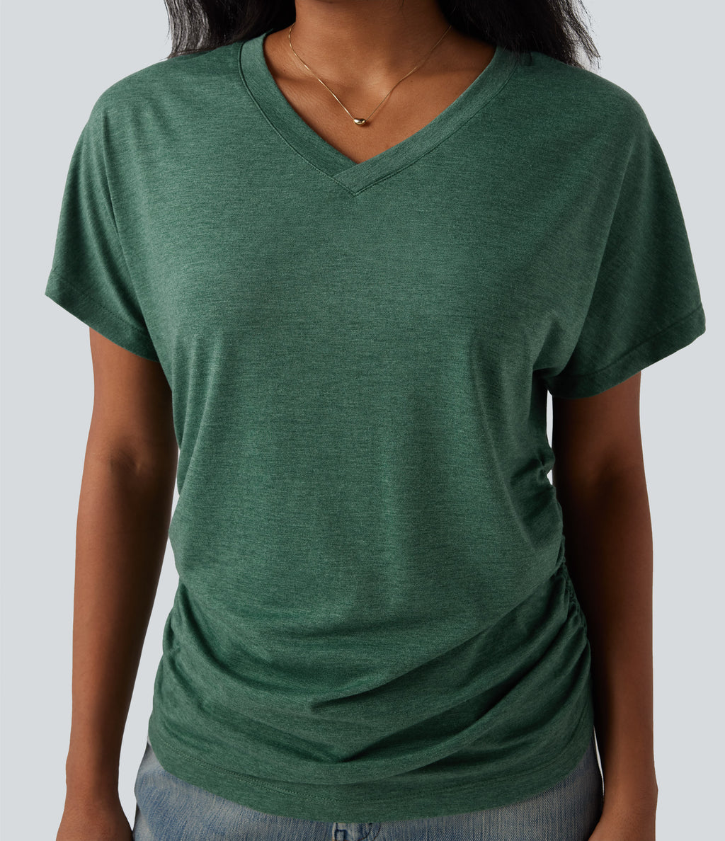 V-neck Short Sleeve Ruched Relaxed Casual Top — Emerald Floral Yarn — view 5