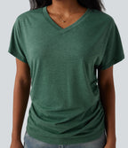 V-neck Short Sleeve Ruched Relaxed Casual Top — Emerald Floral Yarn — view 5