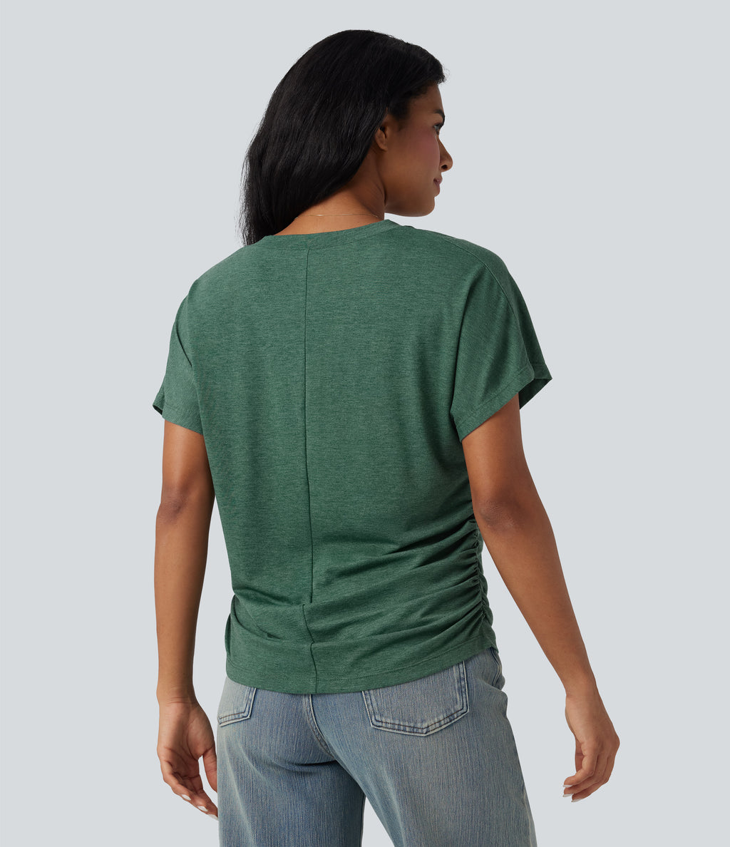 V-neck Short Sleeve Ruched Relaxed Casual Top — Emerald Floral Yarn — view 2