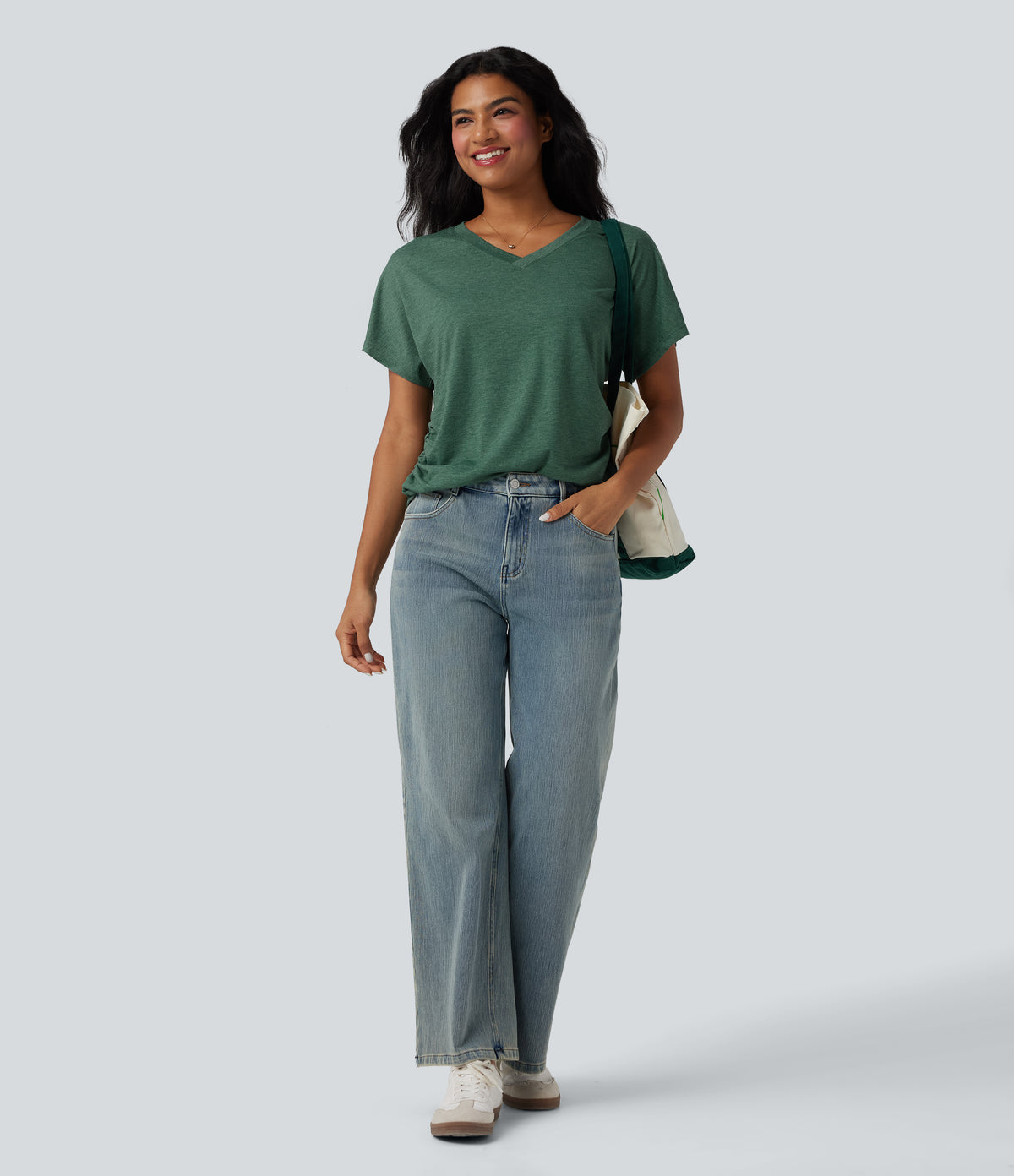 V-neck Short Sleeve Ruched Relaxed Casual Top — Emerald Floral Yarn — view 8