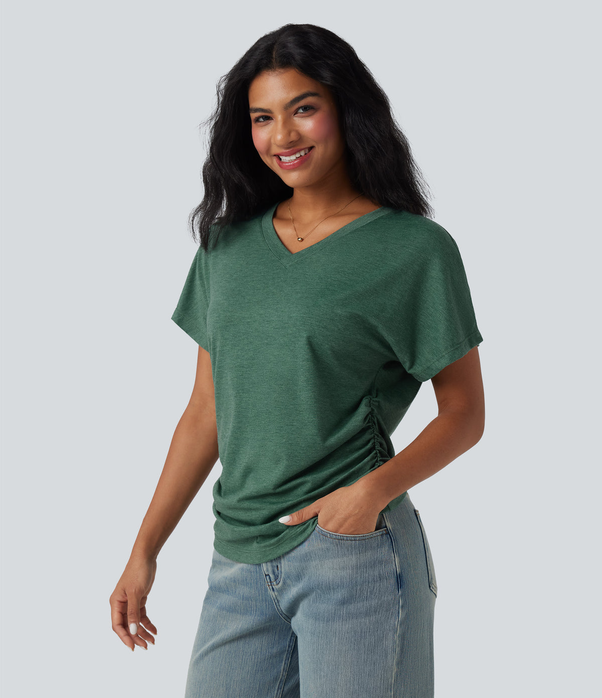 V-neck Short Sleeve Ruched Relaxed Casual Top — Emerald Floral Yarn — view 3